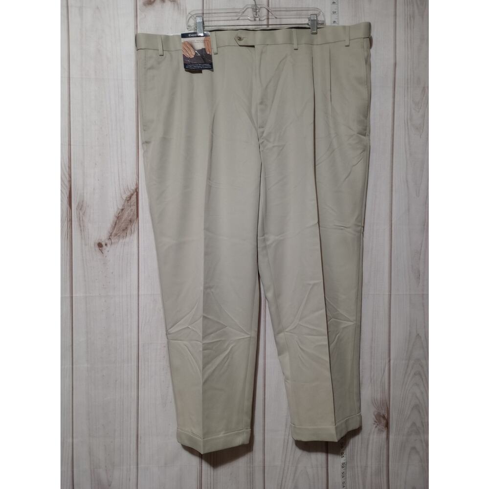 Roundtree‎ & Yorke Pants Mens 48x28 Khaki Expander Easy Care Polyester Pleated